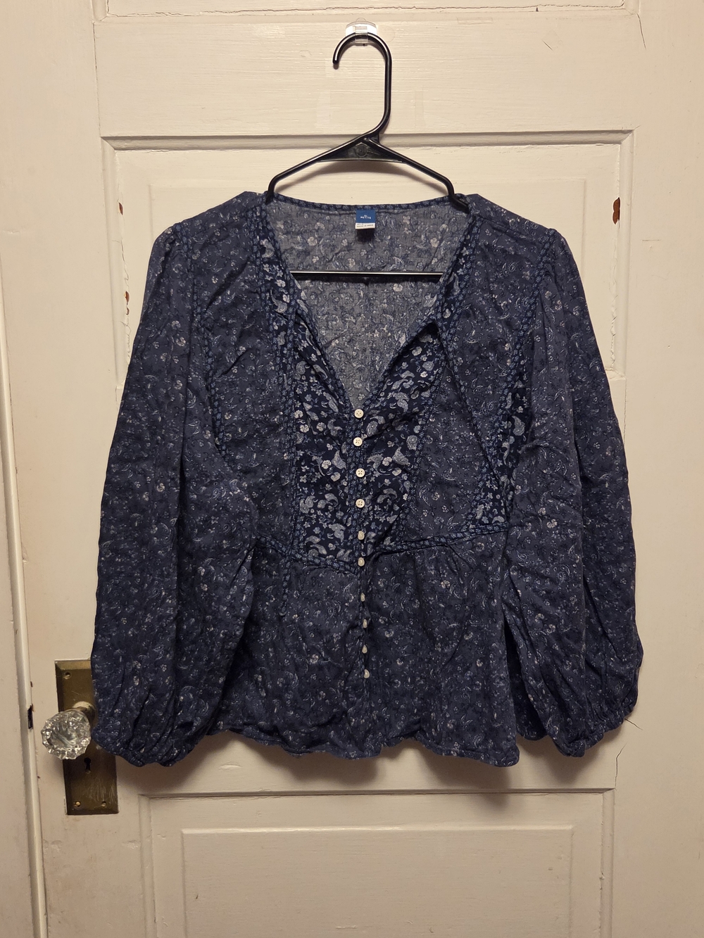 Old Navy Navy Floral Button-Front Peasant Blouse